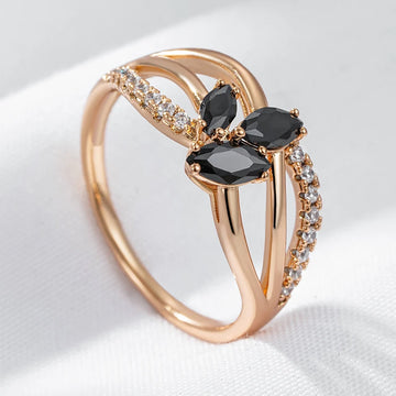 Trendy Flower Design Rolled Rose Gold of 14-Karat Purity Black AAA Zircon Crystals Ring - Fine Jewellery
